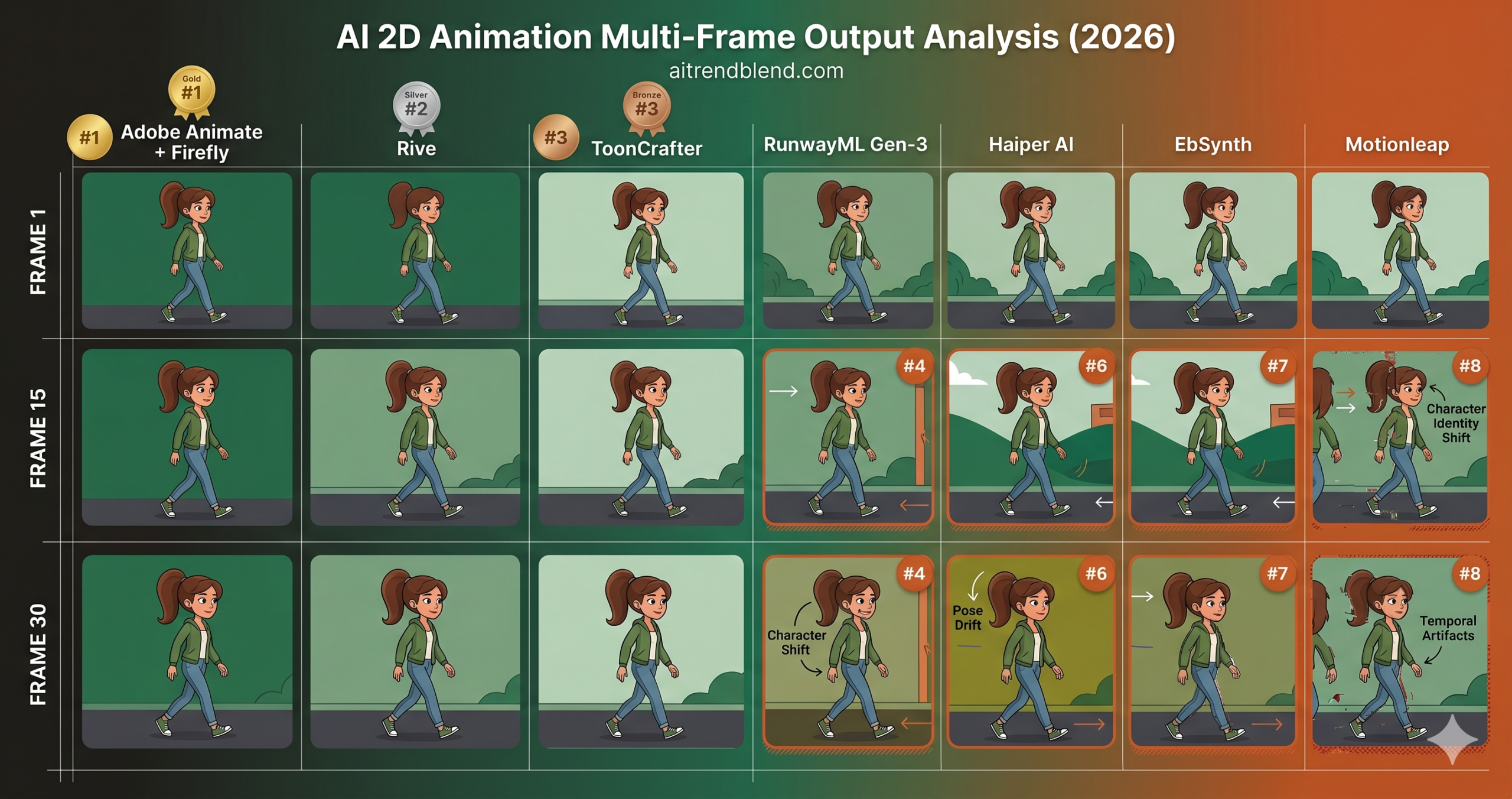 AI 2D animation tools ranked 2026 showing output comparison from Adobe Animate, Rive, Pika Labs, RunwayML and other leading AI animation platforms