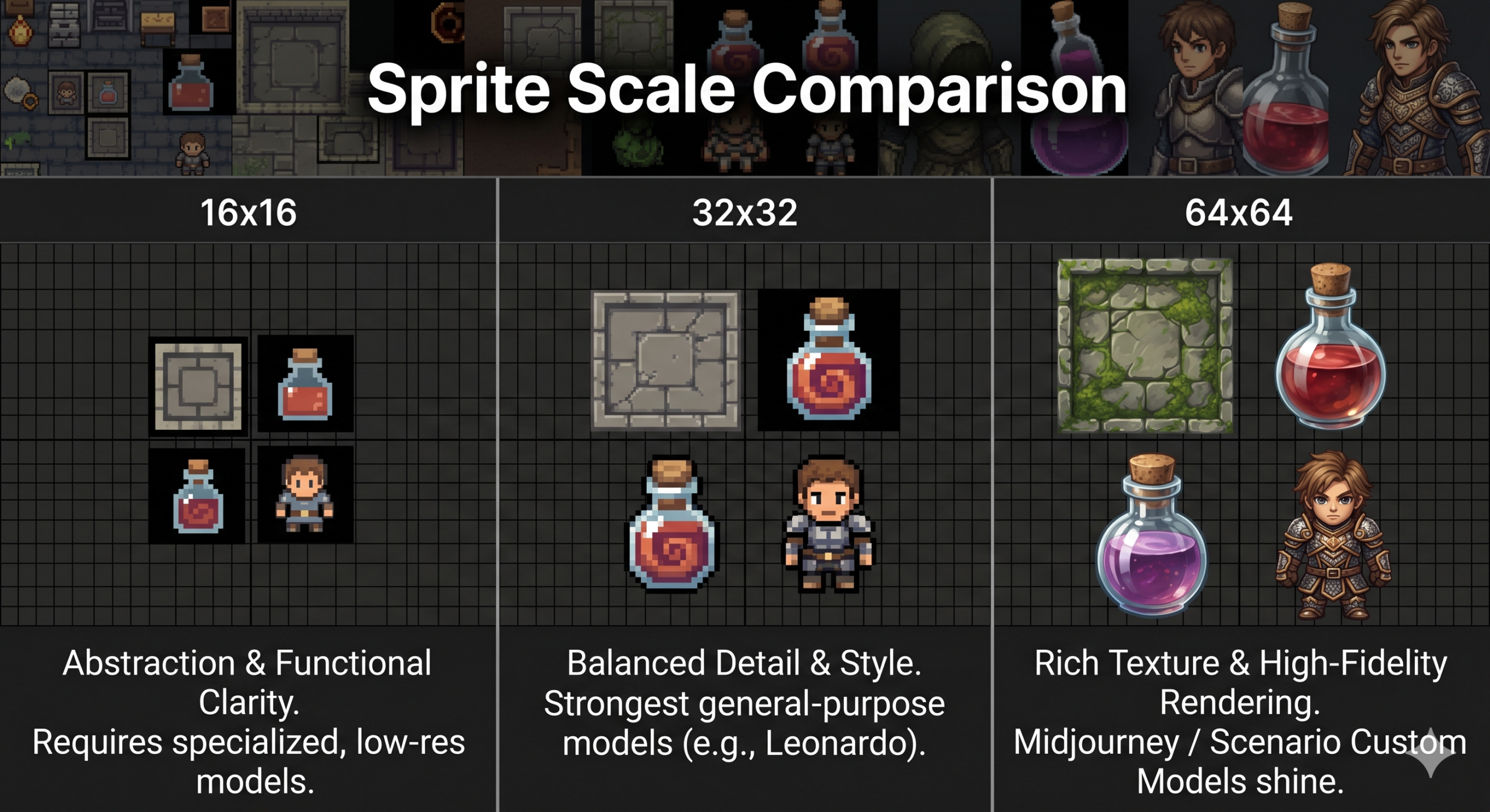 Collection of AI generated pixel art sprites, tilesets, and game characters arranged on a dark grid, best AI pixel art generators for game developers 2026