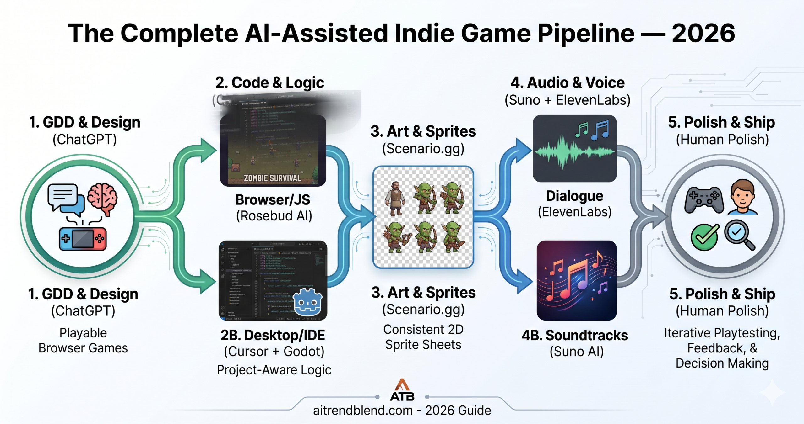 Best AI tools for game development from scratch in 2026, Rosebud AI, Cursor AI, Meshy AI, Scenario.gg, ChatGPT, ElevenLabs, Unity Muse
