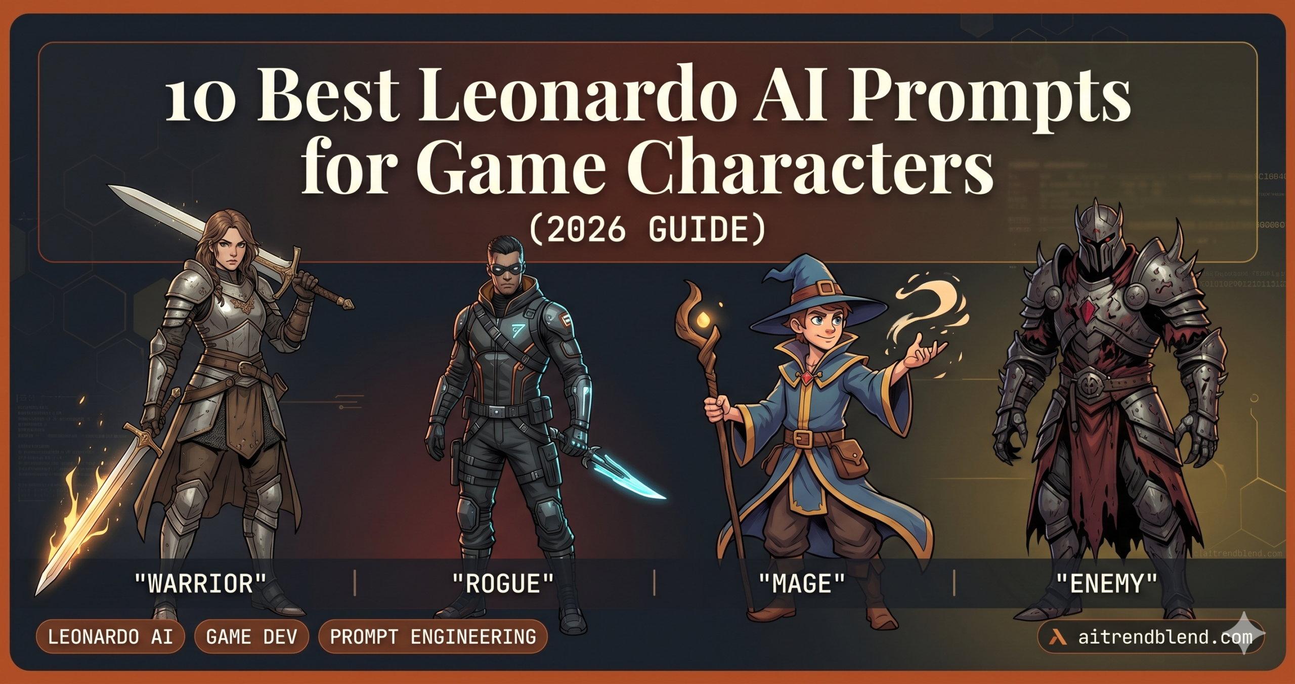 Leonardo AI prompts for game character design, warrior, rogue, mage, and enemy characters generated using the prompts in this guide