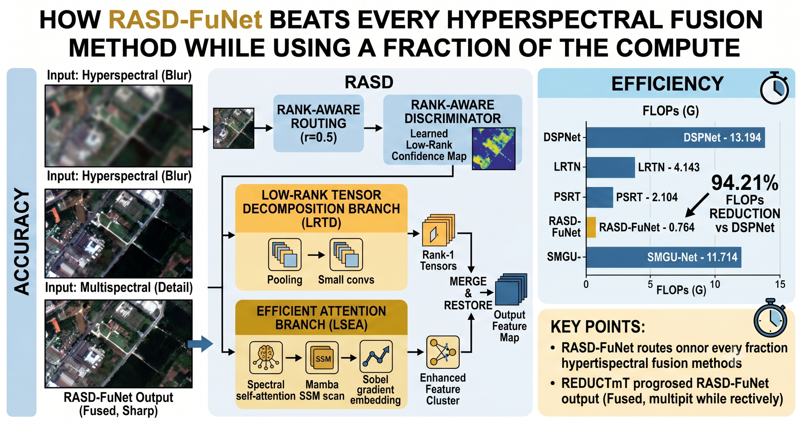 Diagram of the RASD-FuNet architecture showing rank-aware routing that splits feature points between a low-rank tensor decomposition branch and an efficient Mamba-attention branch for hyperspectral image fusion