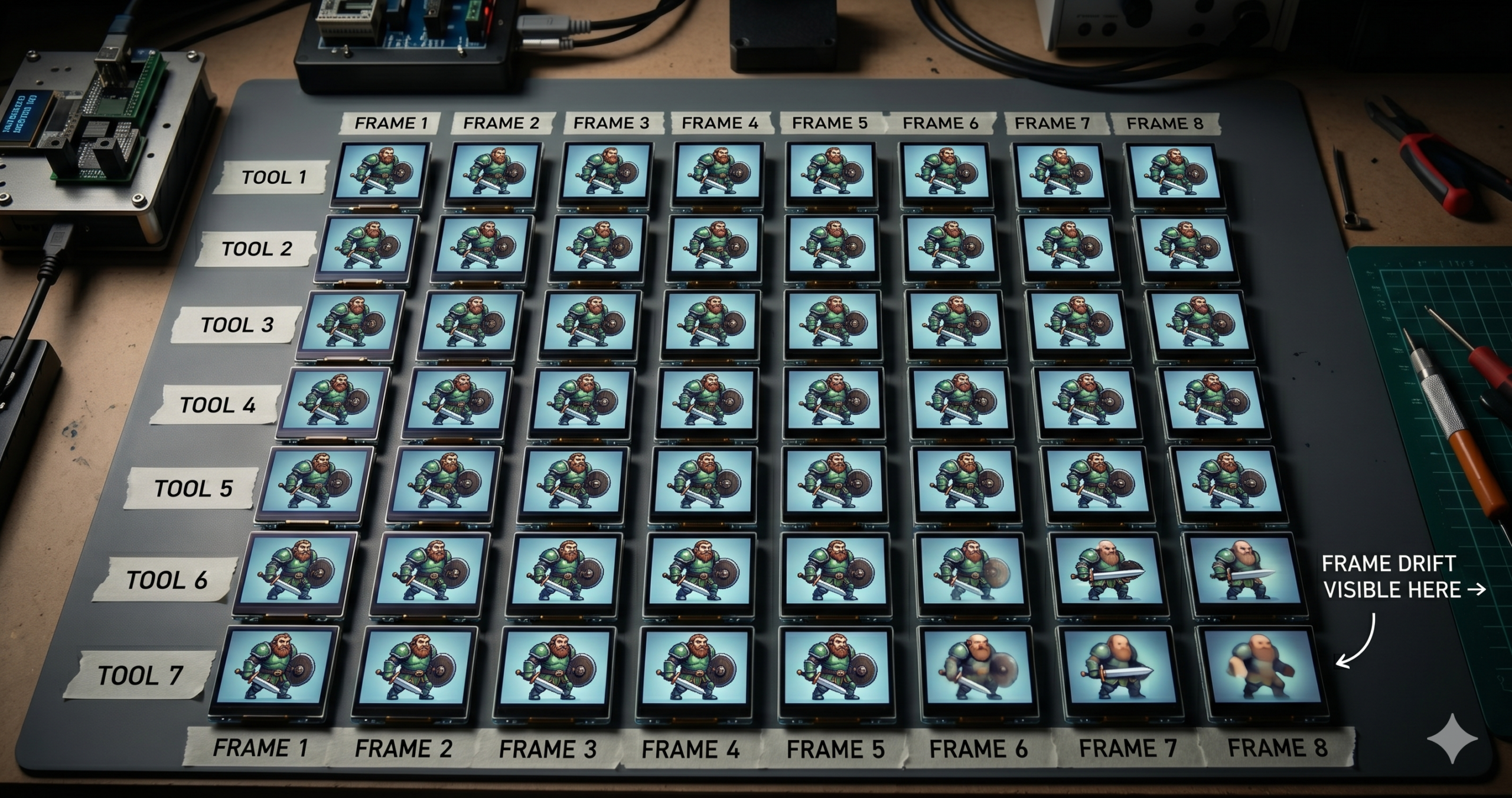 AI sprite sheet and animation generator comparison 2026 showing game character sprites across seven AI tools including Scenario.gg and Leonardo AI