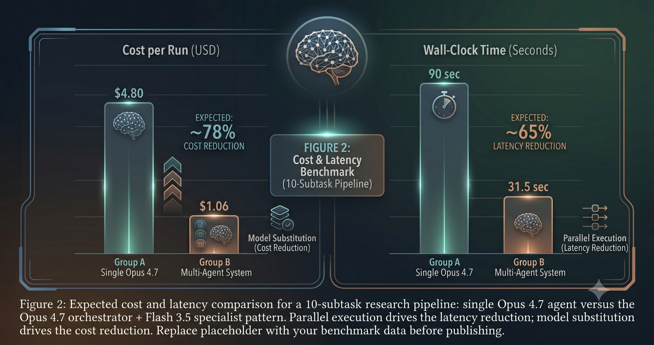 Multi-agent system architecture diagram — Claude Opus 4.7 orchestrator at the top routing tasks to a fleet of Gemini Flash 3.5 specialist agents below