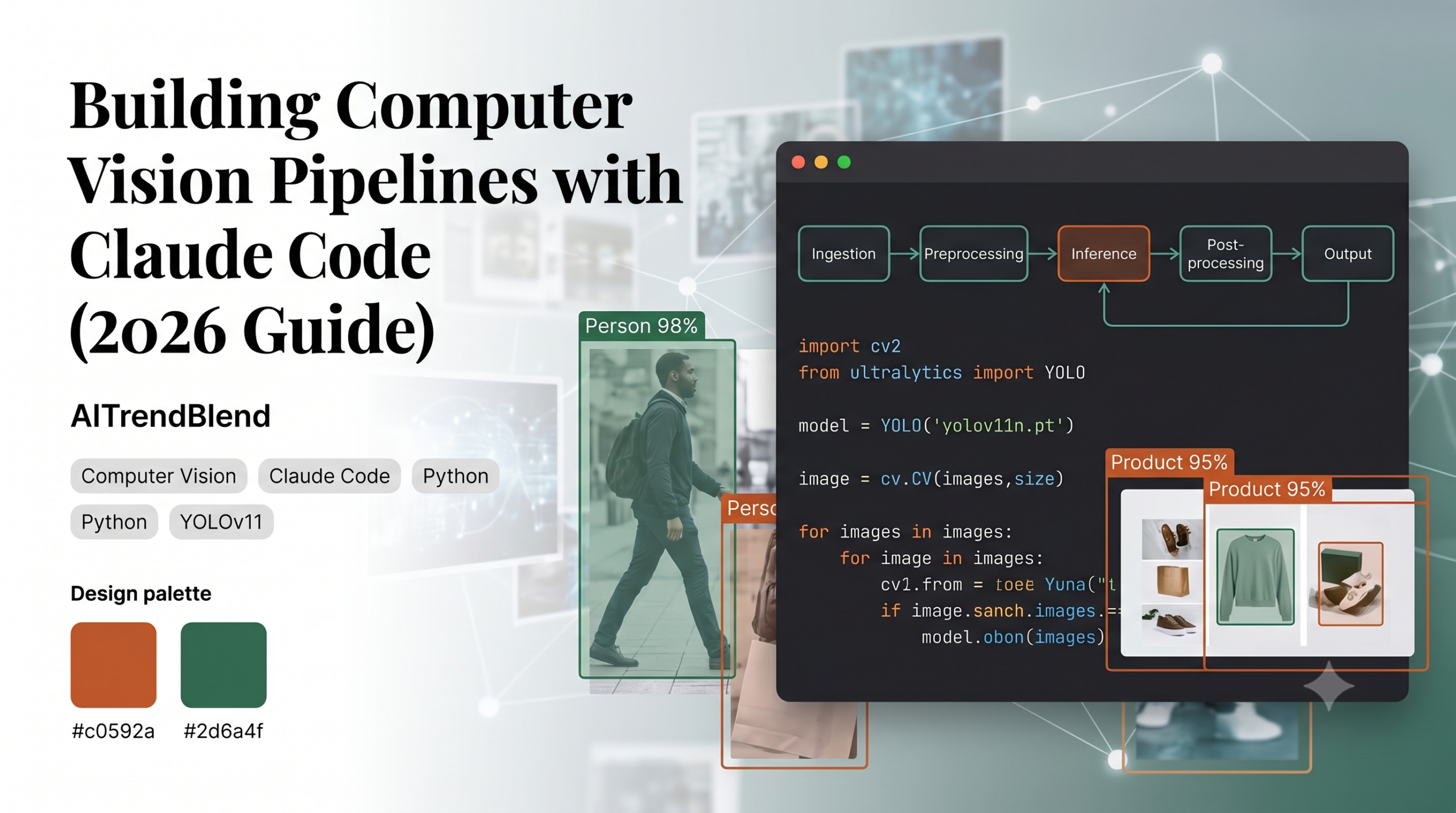 Computer terminal showing Python code for a computer vision pipeline with object detection bounding boxes overlaid on an image