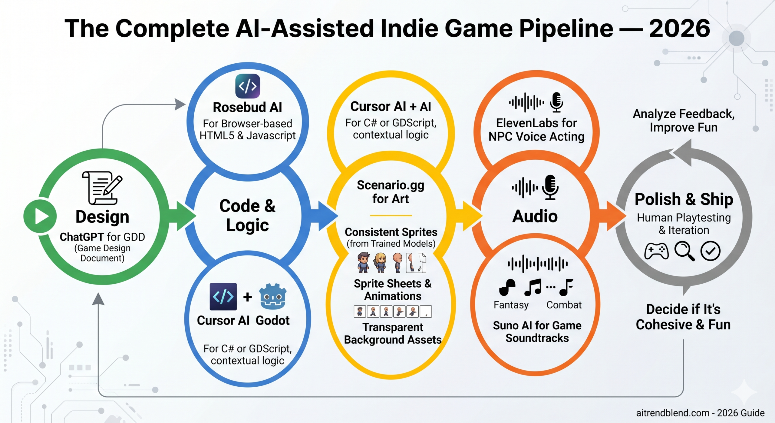 Best AI tools for game development from scratch in 2026, Rosebud AI, Cursor AI, Meshy AI, Scenario.gg, ChatGPT, ElevenLabs, Unity Muse
