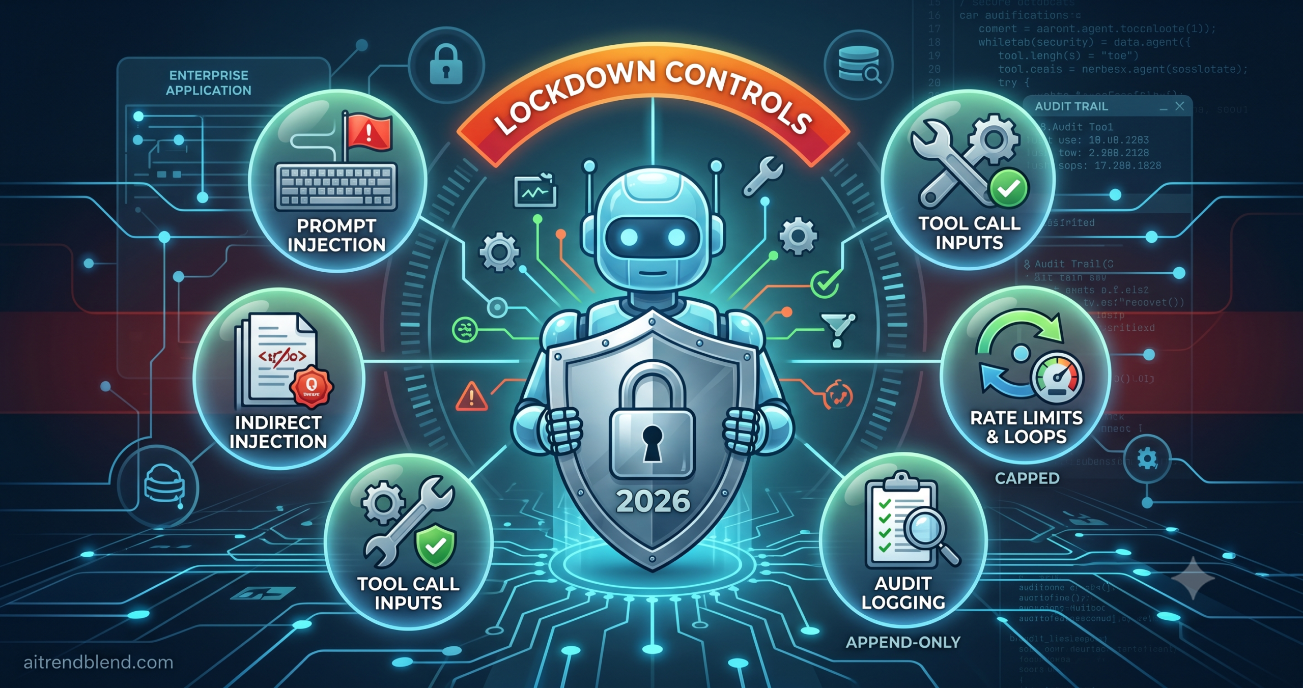 AI agent security guide — illustrated lock and shield overlaid on a network of agent tool calls, representing the attack surface of a deployed autonomous AI agent