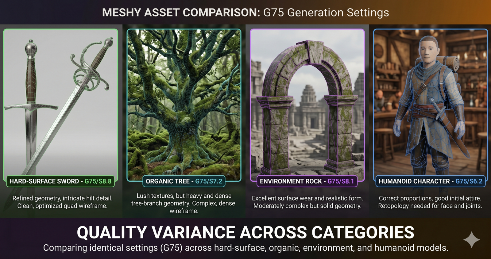 Meshy text-to-3D generation review 2026 showing AI-generated 3D models including a fantasy sword, stone arch, humanoid character and vehicle prop with their polygon wireframes