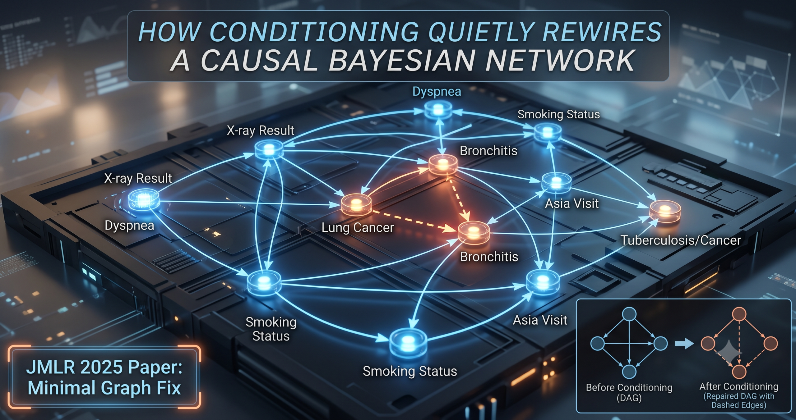 Stylized directed acyclic graph showing causal arrows between nodes with one cluster highlighted to represent conditioning on observed evidence in a Bayesian network