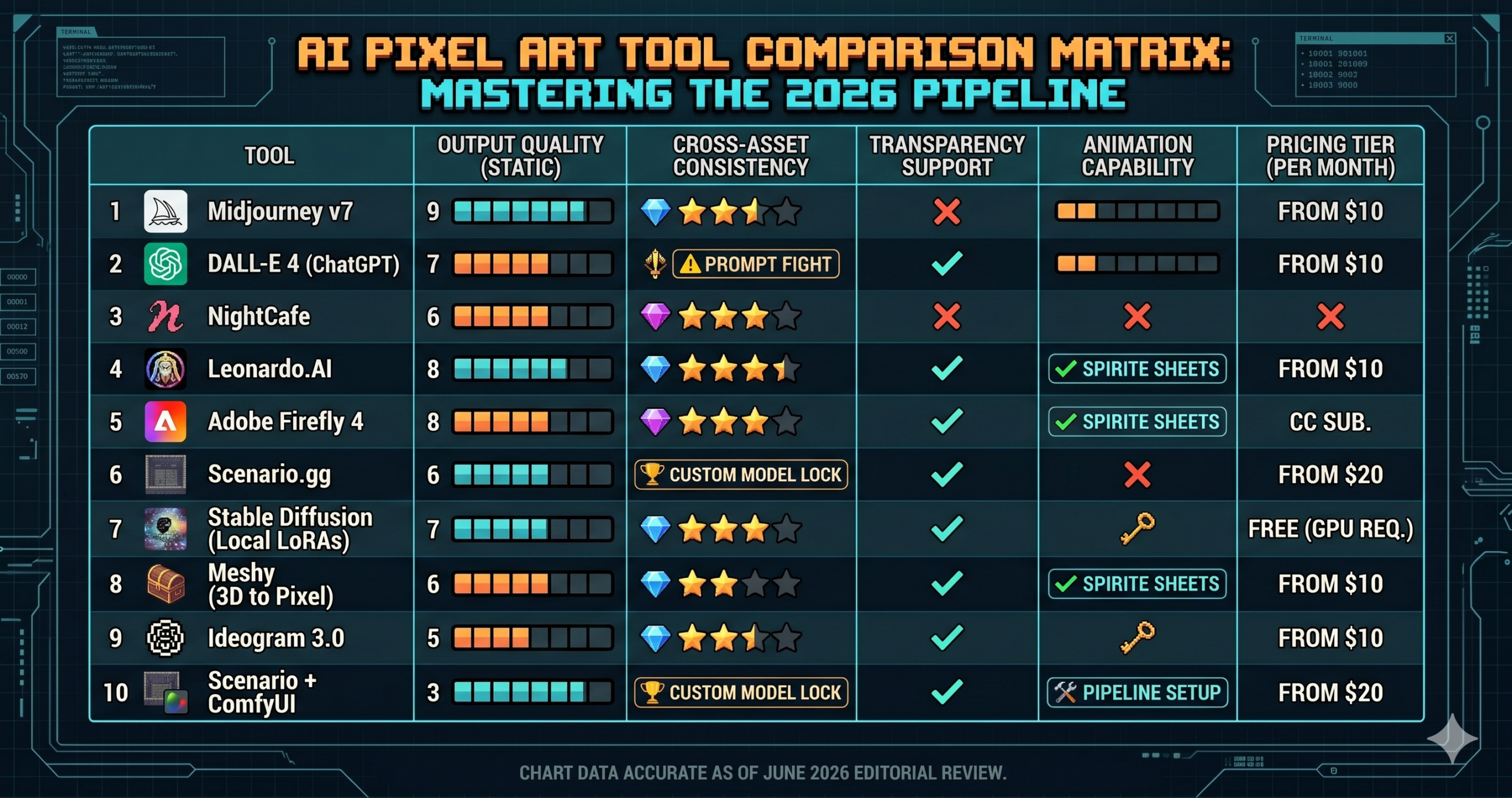 Collection of AI generated pixel art sprites, tilesets, and game characters arranged on a dark grid, best AI pixel art generators for game developers 2026