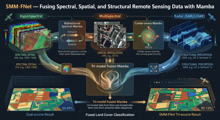 When Two Sensors Are Not Enough: SMM-FNet Fuses Three Remote Sensing Sources With Mamba.