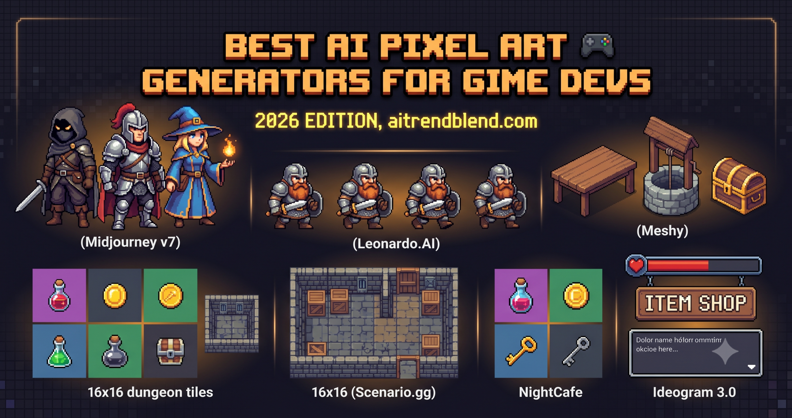 Collection of AI generated pixel art sprites, tilesets, and game characters arranged on a dark grid, best AI pixel art generators for game developers 2026