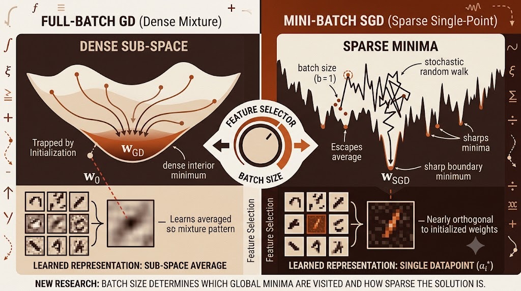 Visualization of SGD and gradient descent optimization trajectories on a 2D autoencoder loss landscape, showing how batch size determines which minimum is found