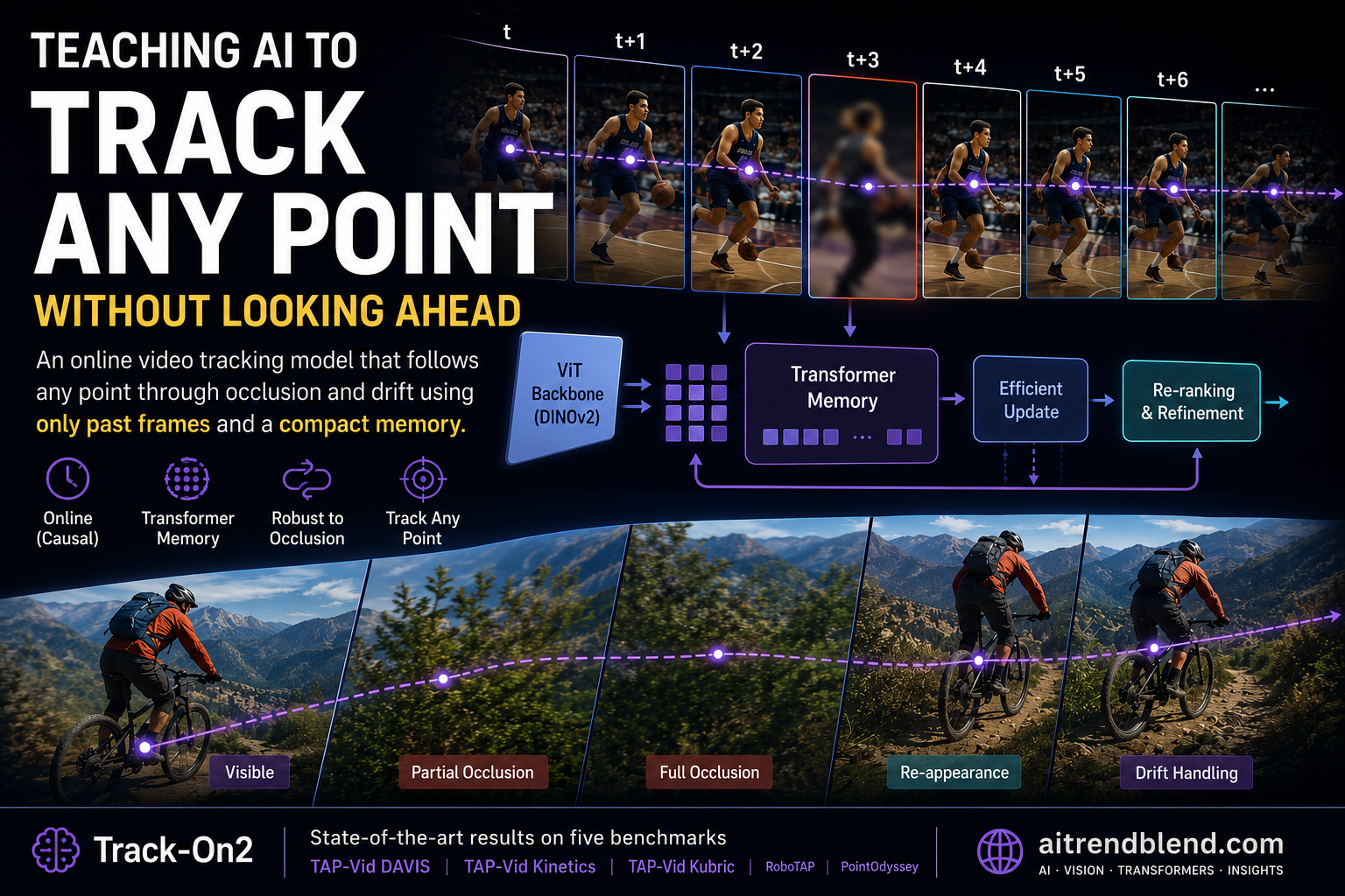 A single tracked point following a moving object through occlusion across video frames using an online transformer with memory
