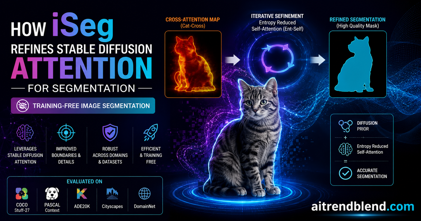 Diagram of iSeg refining Stable Diffusion cross attention and self attention maps into a clean training free segmentation mask