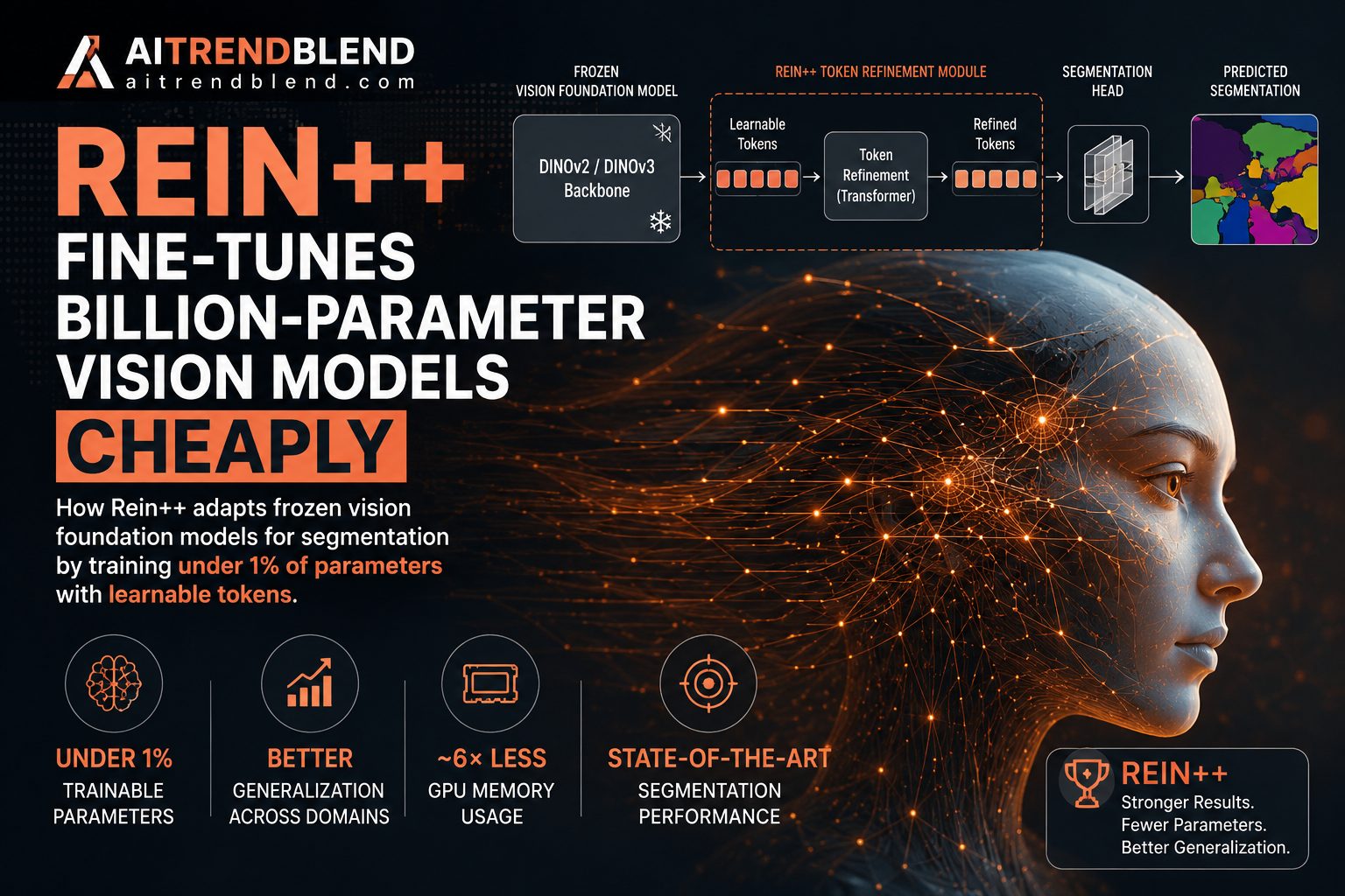 Rein++ freezing a billion parameter vision foundation model and training a small set of learnable tokens for domain generalized semantic segmentation