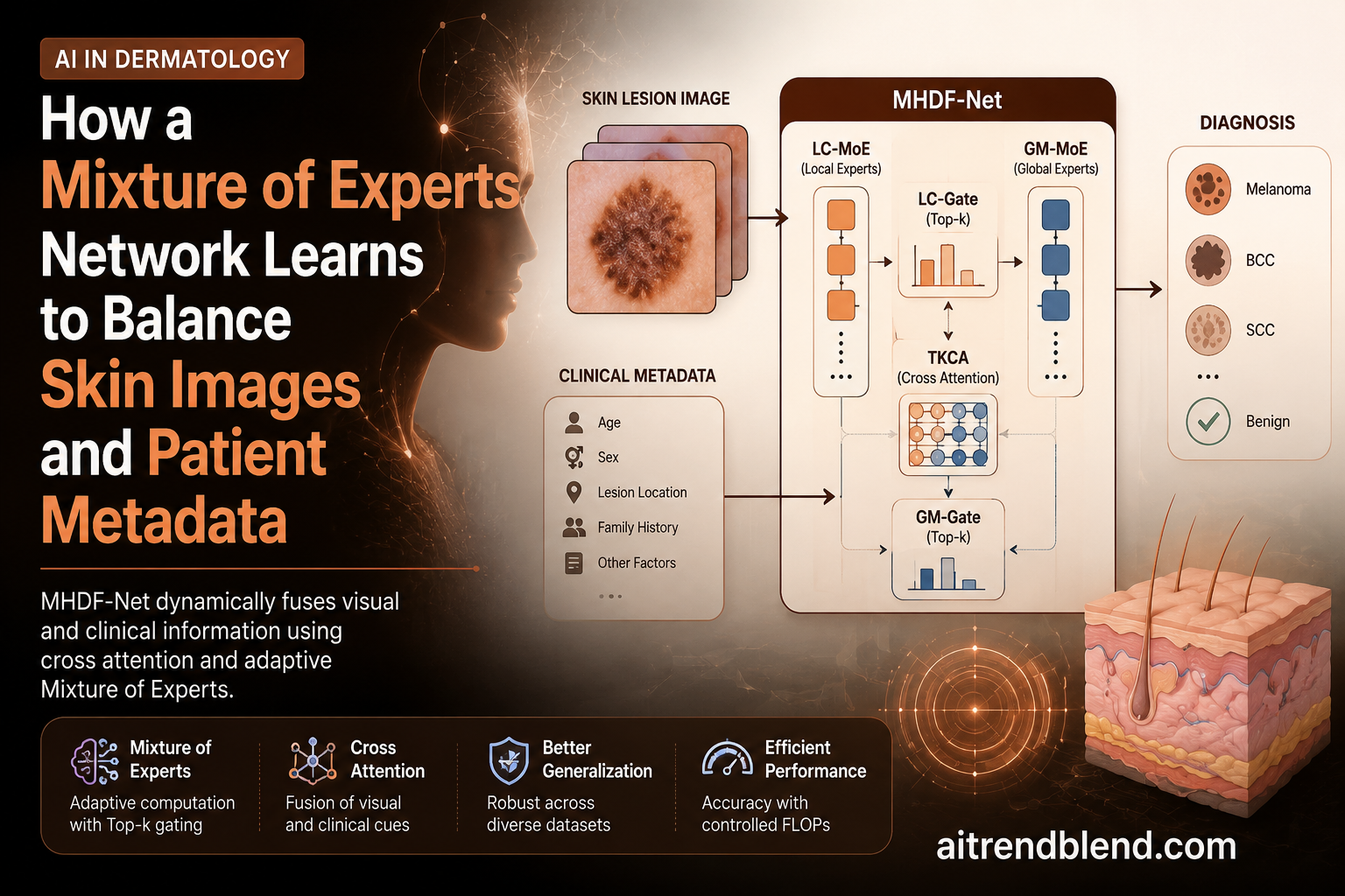 Diagram style illustration of a mixture of experts network fusing a skin lesion photo with patient metadata for cancer diagnosis