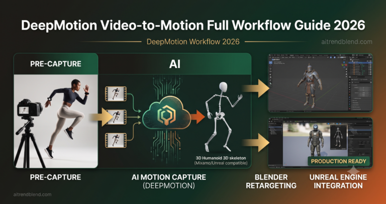 DeepMotion video-to-motion workflow, from reference video capture to Blender and Unreal Engine retargeting