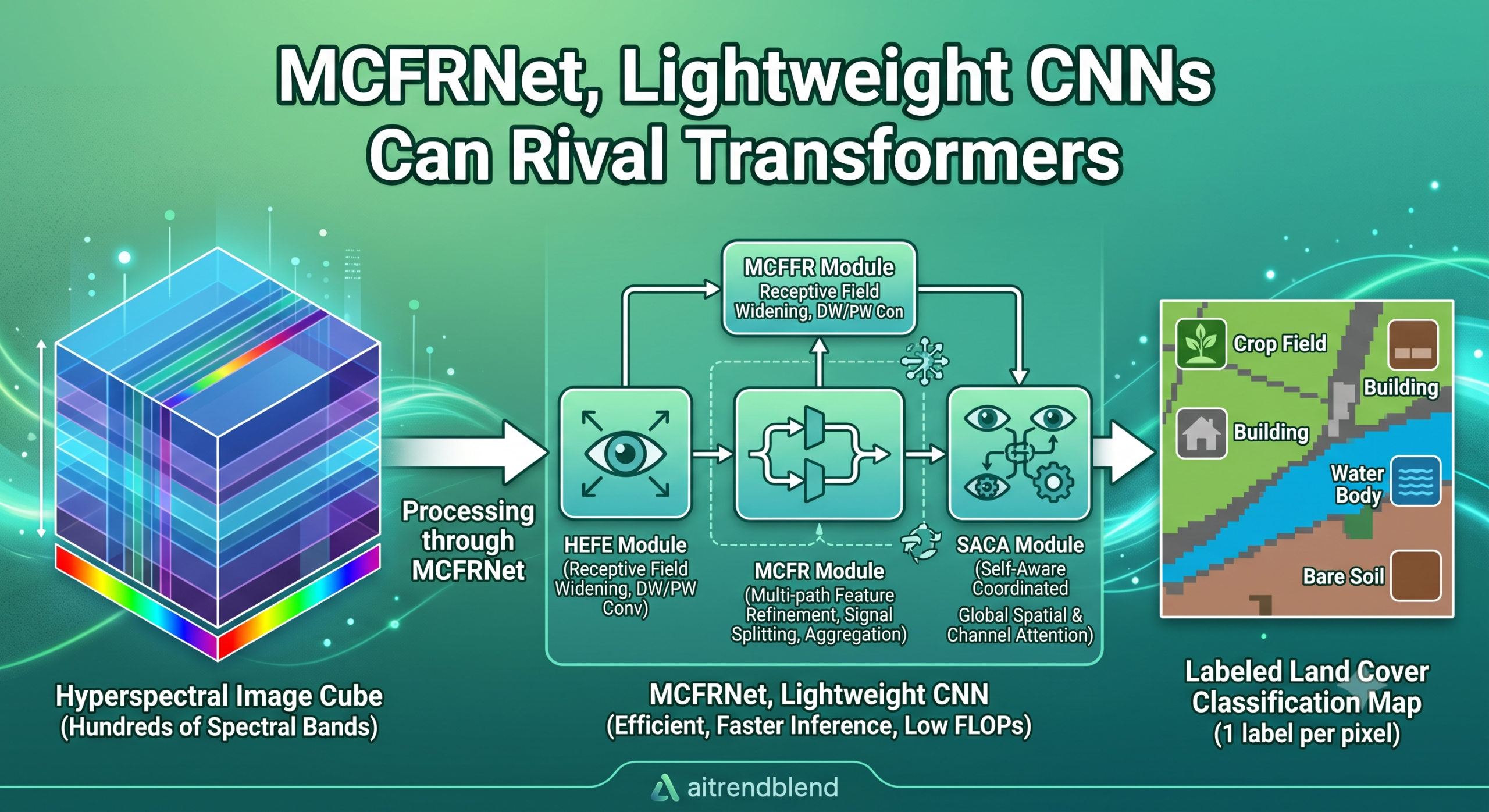 A hyperspectral satellite image cube being processed through a lightweight MCFRNet convolutional network into a labeled land cover classification map