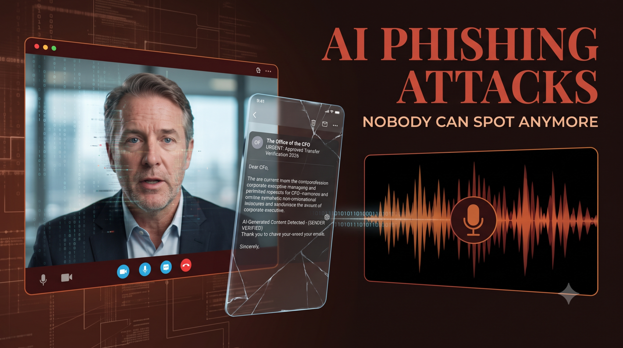 A cloned executive face on a video call next to a phone showing a cloned voice waveform, illustrating an AI generated phishing attack