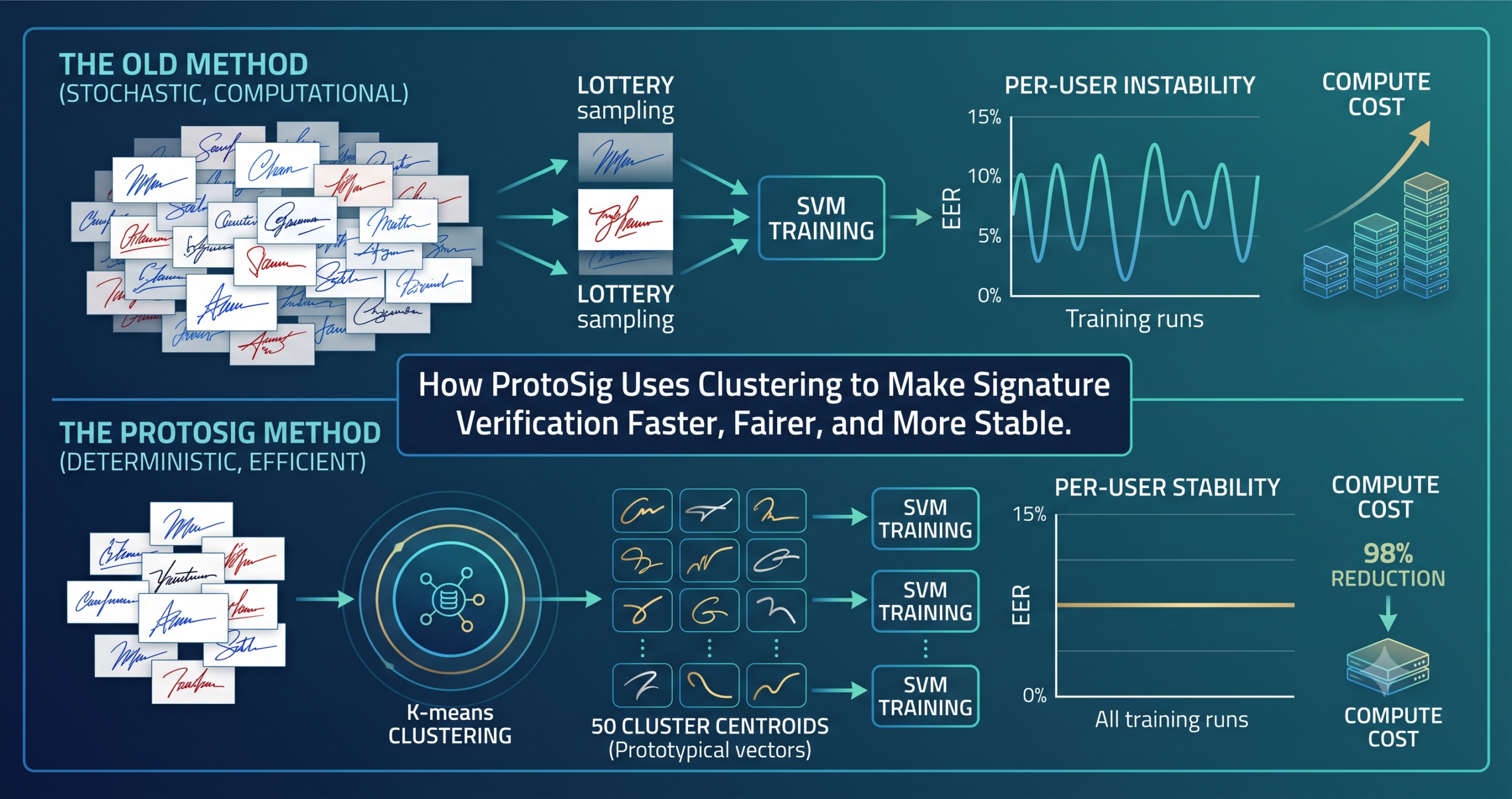 Conceptual diagram showing handwritten signature feature vectors being clustered into 50 prototypical signatures that replace thousands of random forgeries in SVM training for writer-dependent signature verification