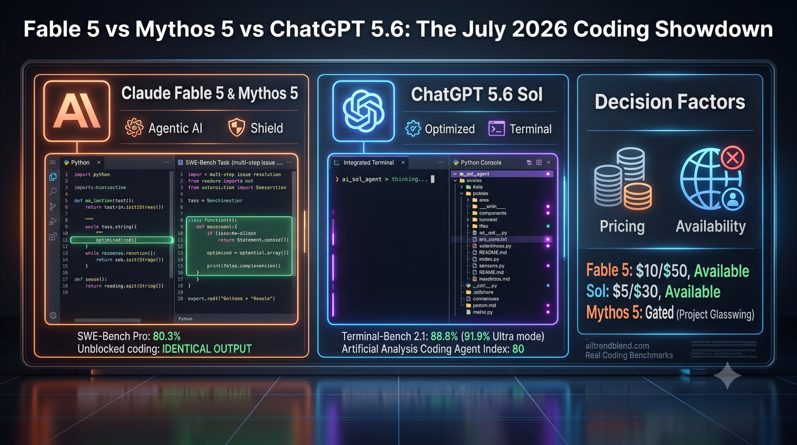 Side by side coding benchmark comparison of Claude Fable 5, Claude Mythos 5 and ChatGPT GPT-5.6 Sol