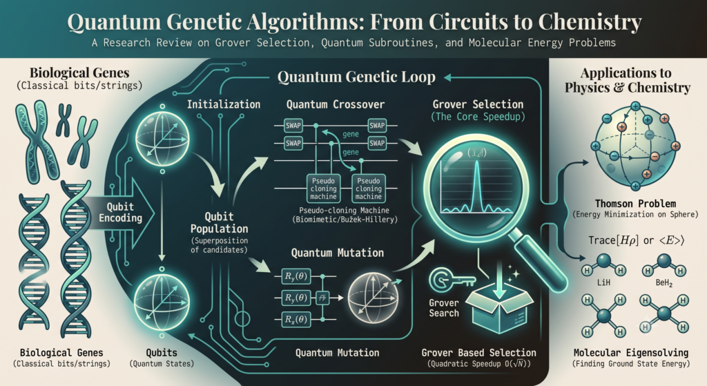 Quantum Genetic Algorithms From Circuits to Chemistry
