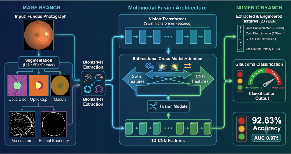 How Multimodal Glaucoma Classification Fuses Segmentation-Derived Biomarkers with Vision Transformer Features