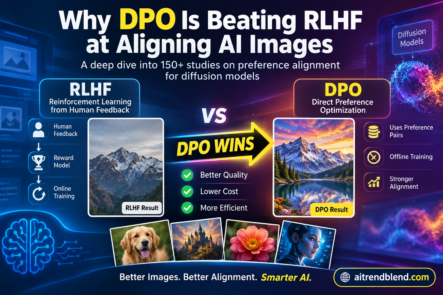 Two AI generated images side by side with a thumbs up and thumbs down representing preference alignment training for diffusion models