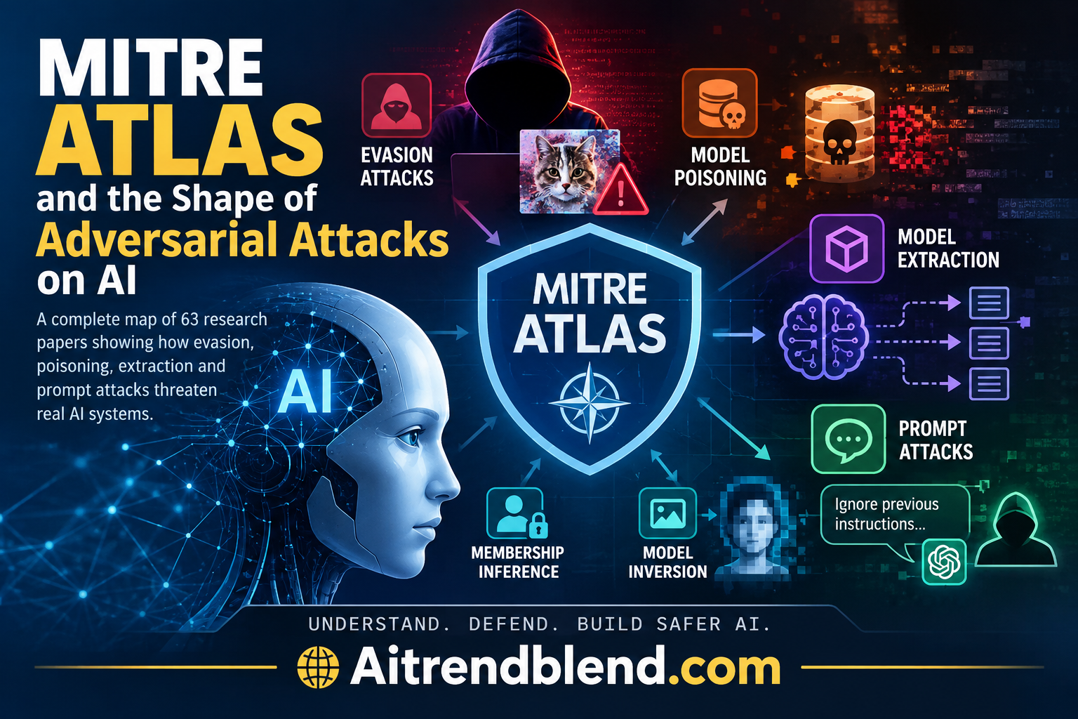 Diagram style illustration of MITRE ATLAS tactics mapped against evasion, poisoning, extraction and prompt injection attacks on AI models