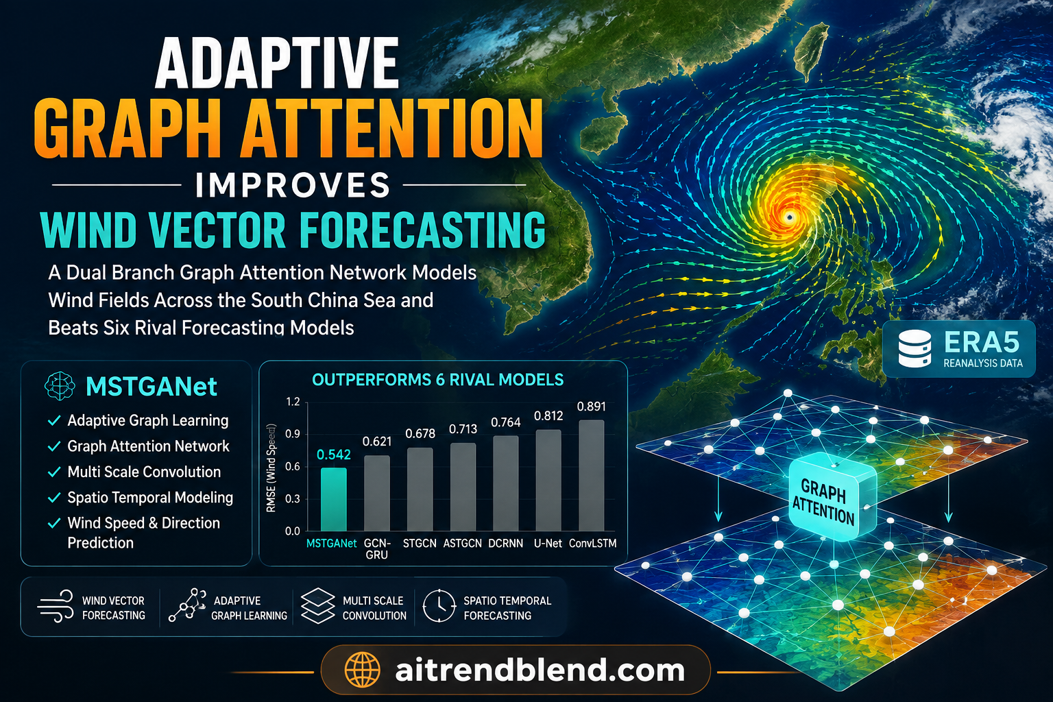 Grid map of predicted wind vectors over the South China Sea generated by a graph attention forecasting network