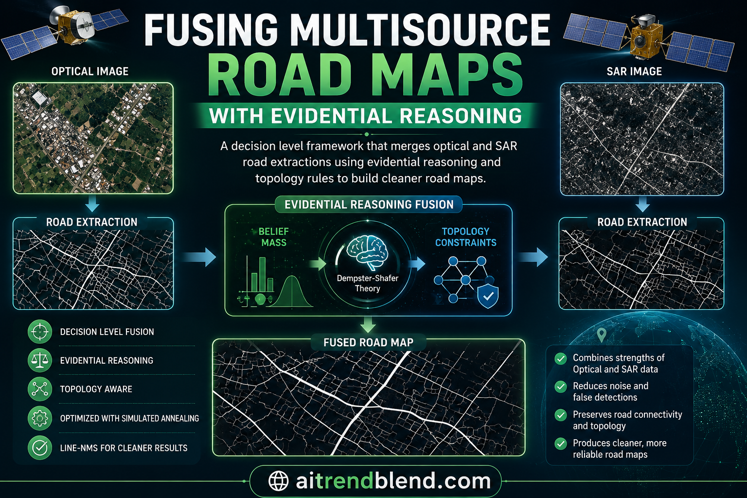 Optical and SAR road segmentation maps merged into one road network using evidential reasoning and topology constraints