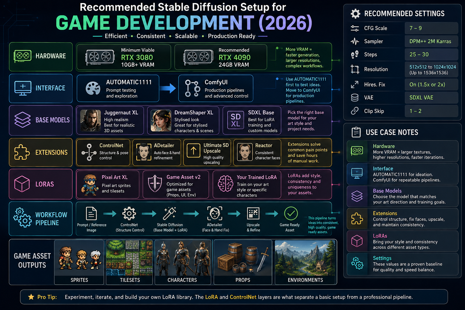 Stable Diffusion for game development in 2026 showing pixel art sprites, seamless tilesets, character turnarounds, and game textures made with SDXL, ControlNet, and LoRA workflows in ComfyUI