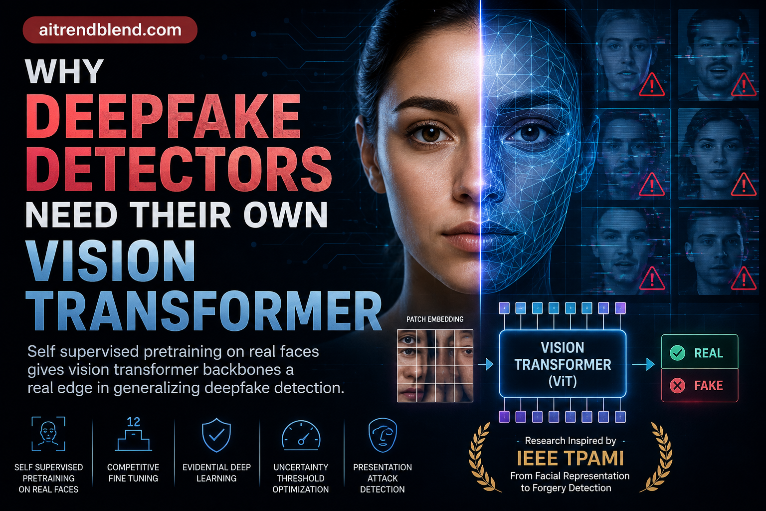 Diagram showing a vision transformer backbone pretrained on real faces feeding a competitive dual branch deepfake detection framework