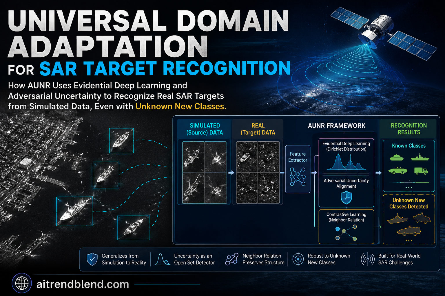 Universal domain adaptation for SAR target recognition aligning simulated and real synthetic aperture radar targets while flagging unknown classes