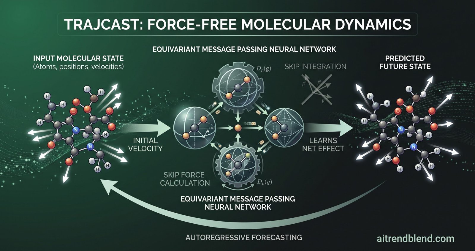 An equivariant message passing neural network predicting the next positions and velocities of atoms in a molecular dynamics trajectory without computing forces