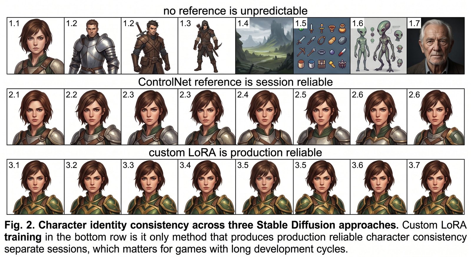 Stable Diffusion for game development in 2026 showing pixel art sprites, seamless tilesets, character turnarounds, and game textures made with SDXL, ControlNet, and LoRA workflows in ComfyUI