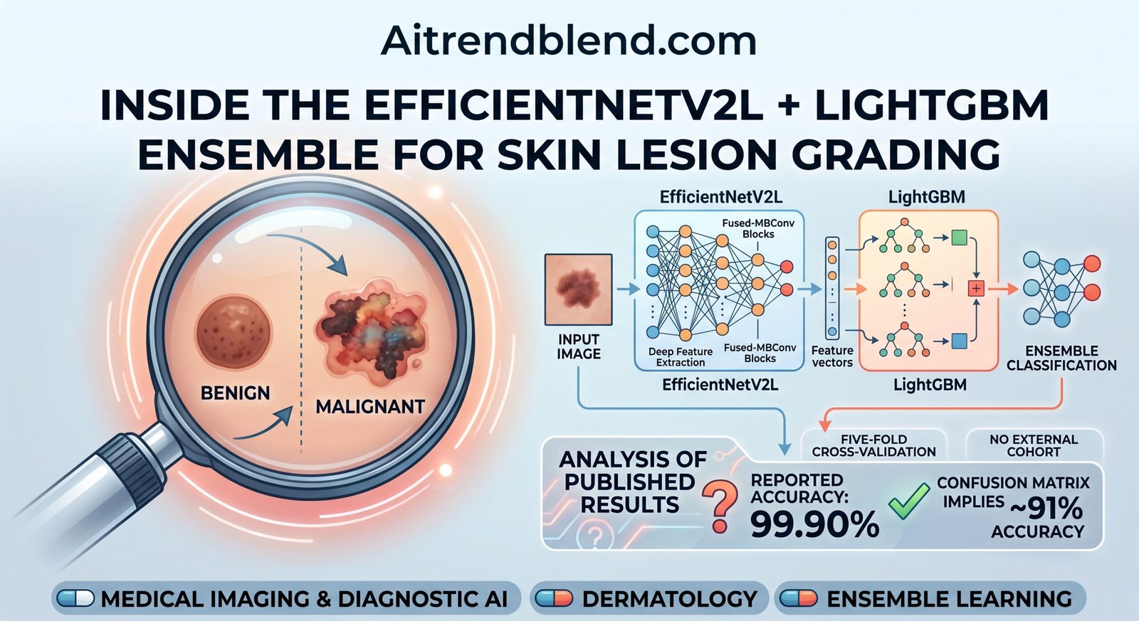 Dermoscopic images of benign and malignant skin lesions beside a neural network diagram representing EfficientNetV2L and LightGBM classification