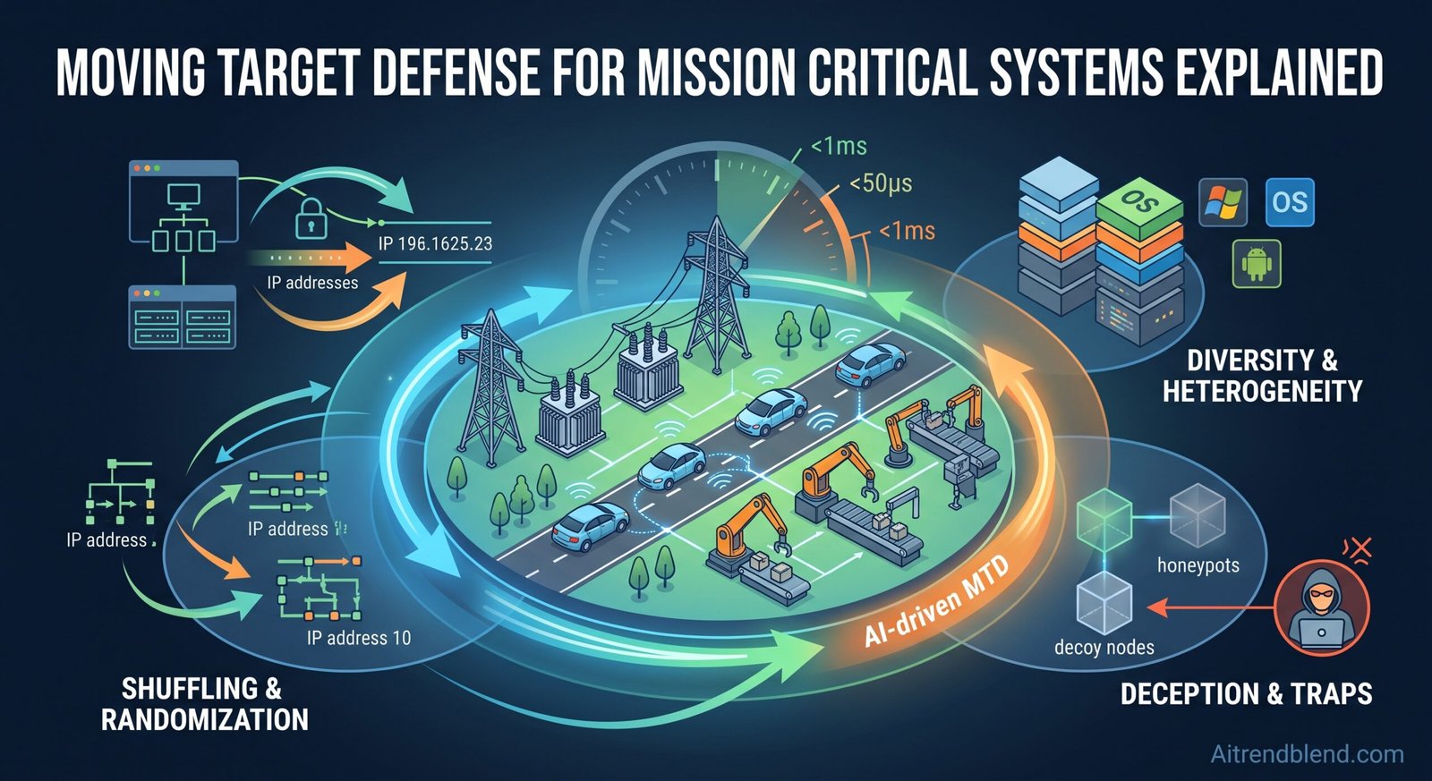 Diagram showing shuffling, diversity and deception strategies used in moving target defense for cyber physical systems