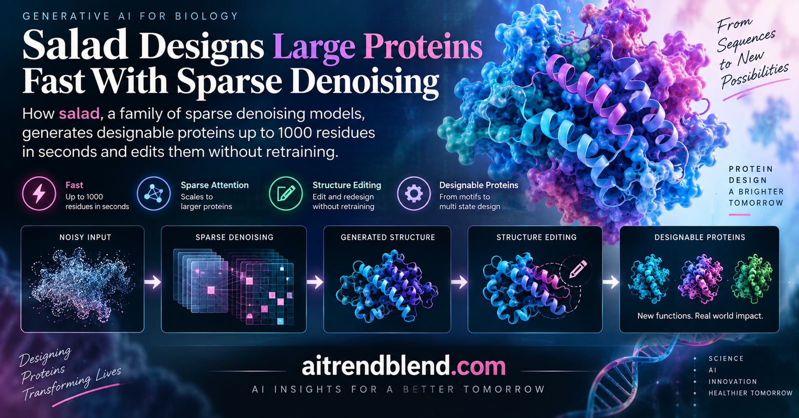 The salad sparse denoising model generating a large protein backbone from noise, with structure editing enforcing symmetry and motifs