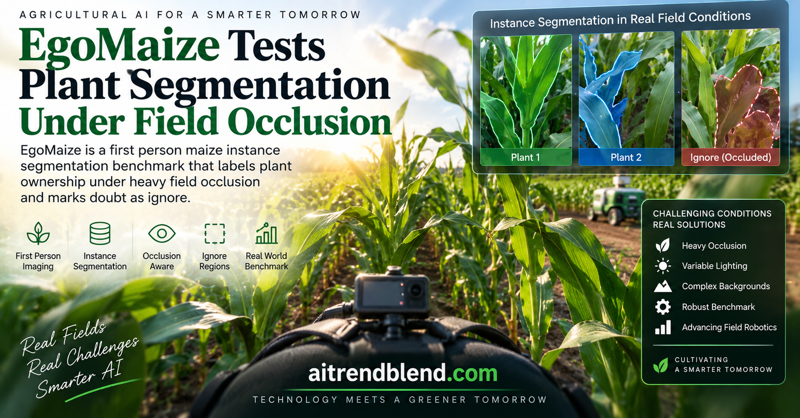 First person view from inside a maize field with elongated leaves and stems from many plants overlapping, some regions shaded as ignore, illustrating the EgoMaize instance segmentation benchmark under severe field occlusion