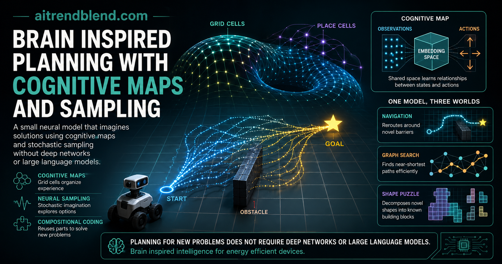 Brain inspired cognitive map built from grid cells sampling an imagined goal directed trajectory from a start location to a goal marked with a star