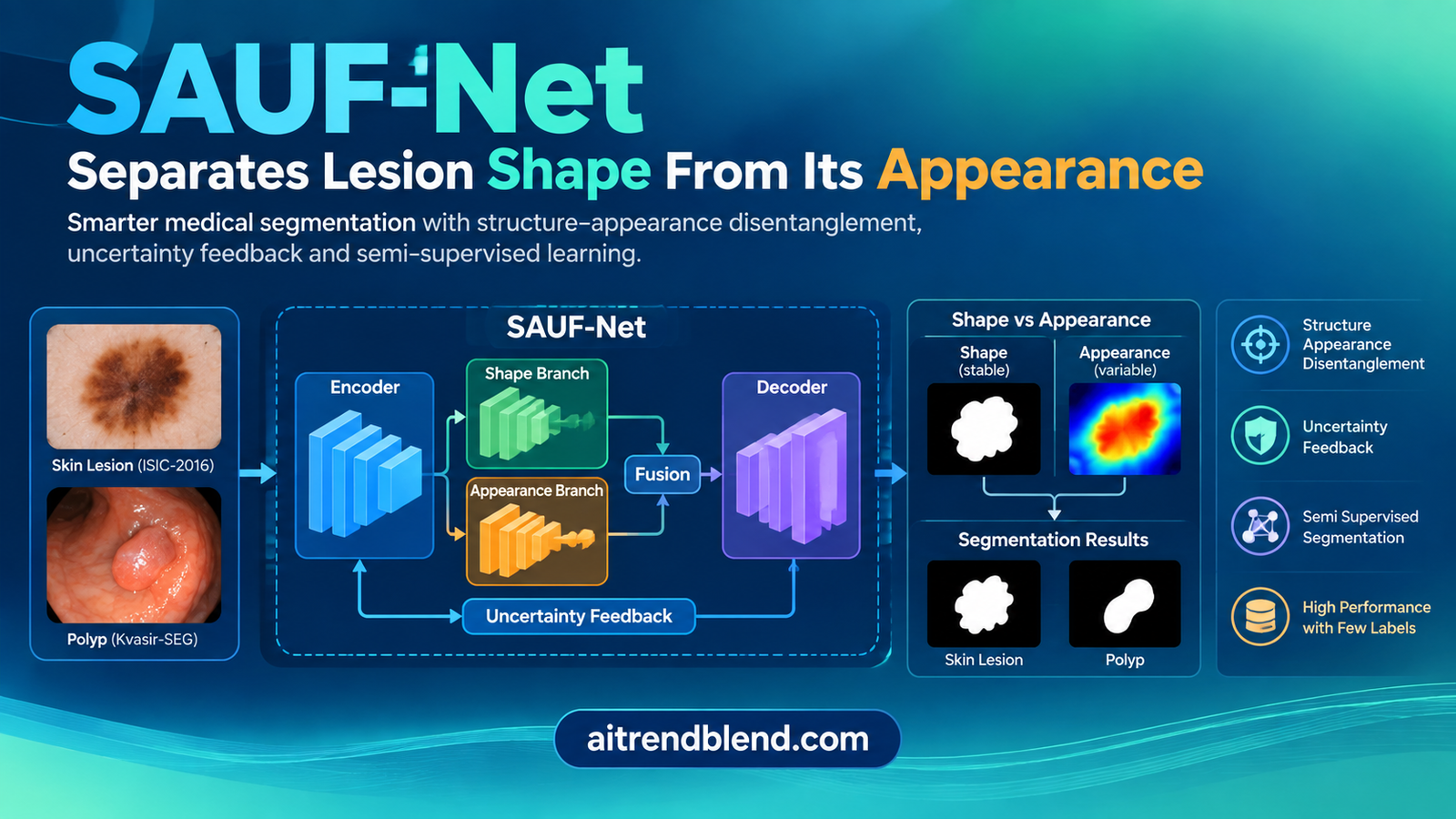 SAUF-Net separating a skin lesion's structural shape from its unstable appearance to segment dermoscopy and polyp images with few labels