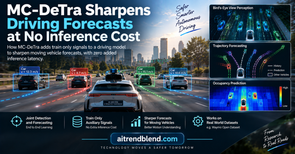 MC-DeTra Sharpens Driving Forecasts at No Inference Cost
