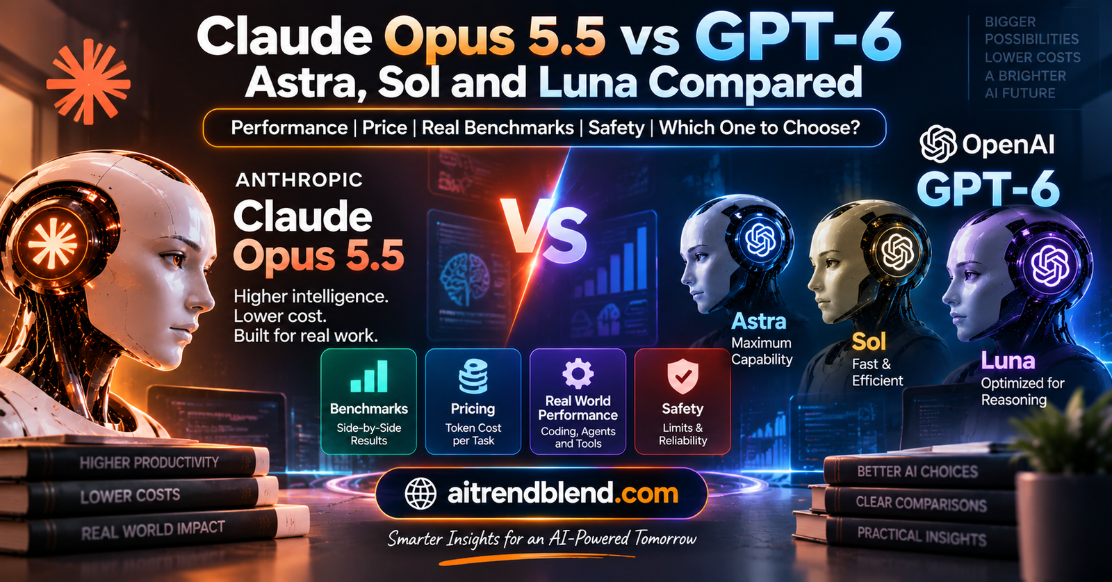 Claude Opus 5.5 compared with GPT-6 Astra, GPT-6 Sol and GPT-6 Luna on pricing, benchmarks, token efficiency and safety restrictions