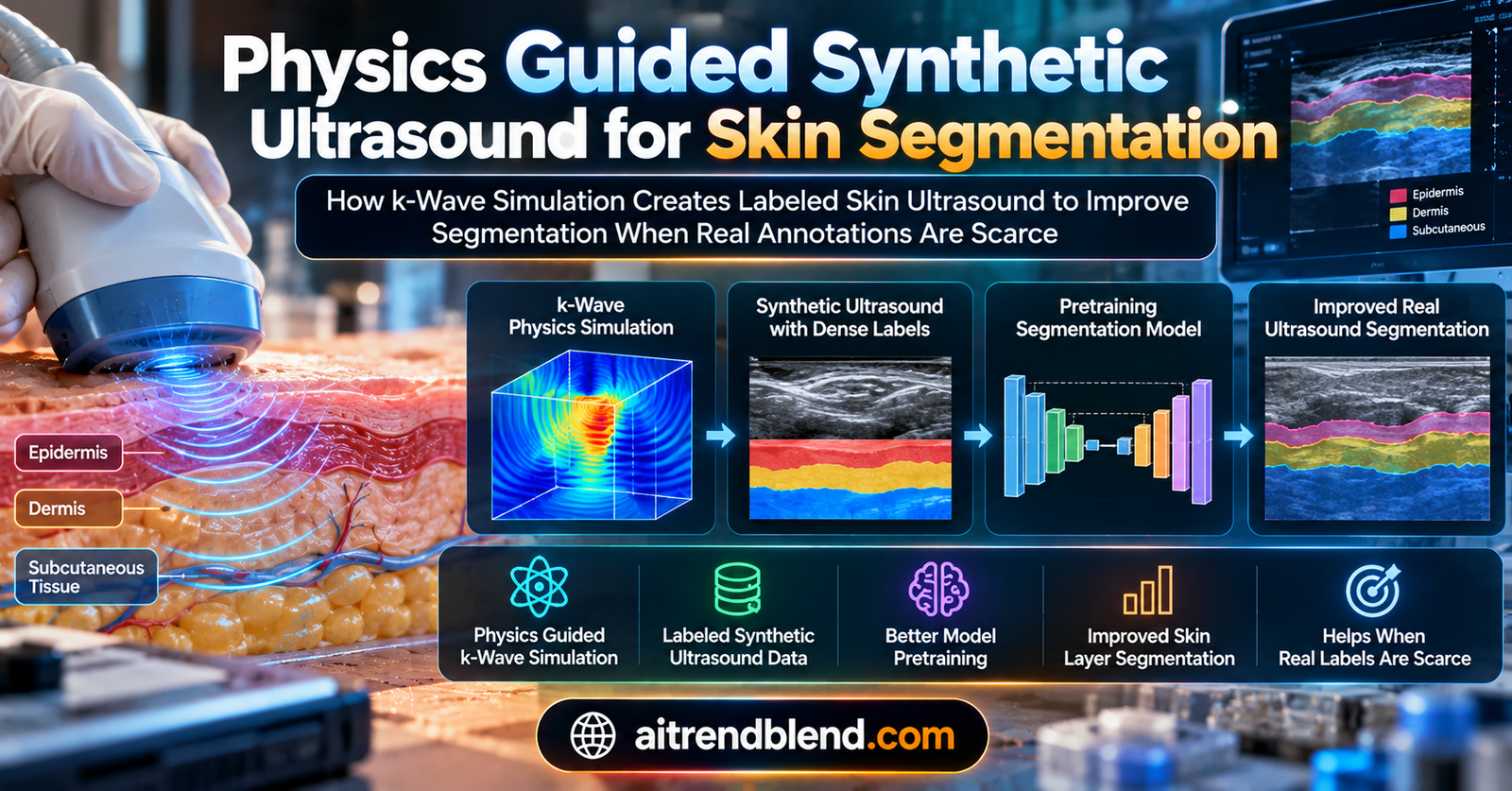 Side by side high frequency ultrasound skin scan and its color coded layer mask showing epidermis, subepidermal low echogenic band, dermis, and deeper tissue, illustrating physics guided synthetic HFUS generation for skin layer segmentation