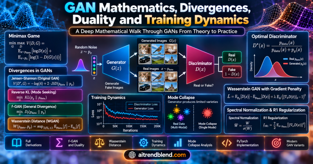 GAN Mathematics, Divergences, Duality and Training Dynamics