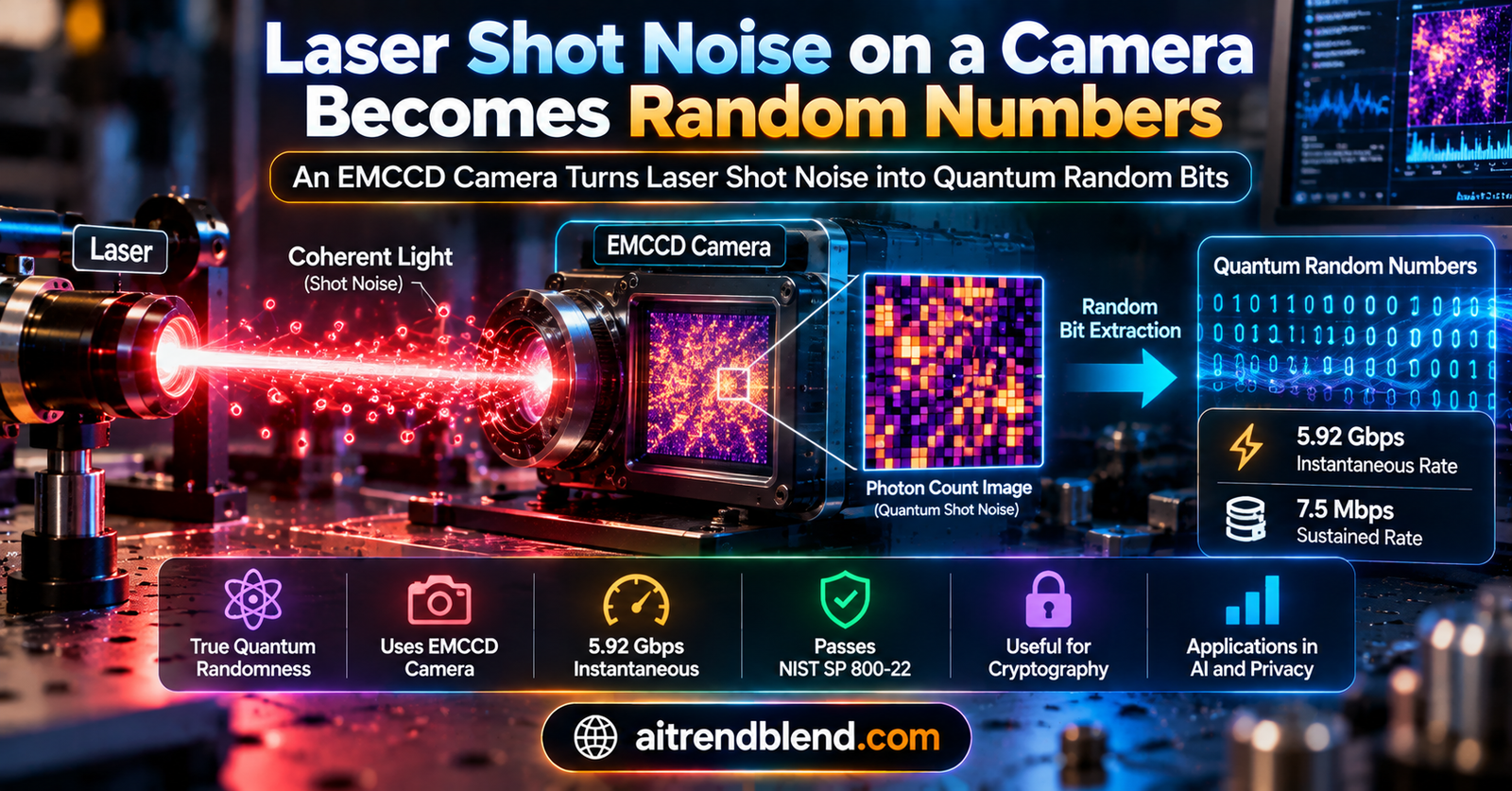Quantum random number generator using spatial shot noise of two laser beams imaged on an EMCCD camera, with pixel fluctuations converted into random bits