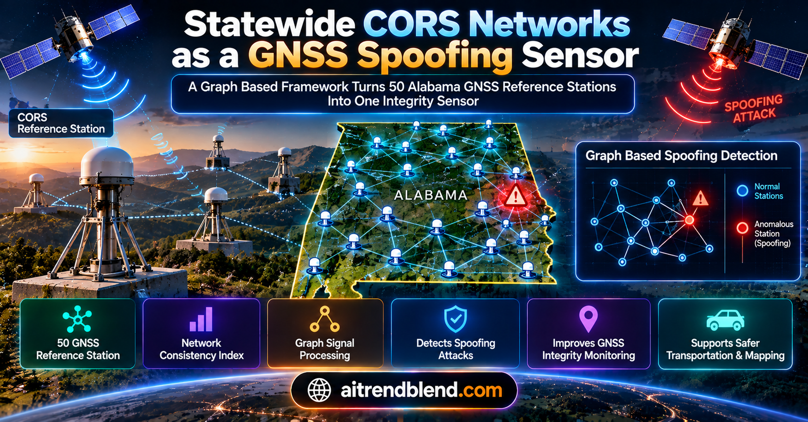Statewide CORS network treated as a graph of GNSS reference stations, with a Network Consistency Index map flagging stations whose ionospheric readings disagree with their neighbors