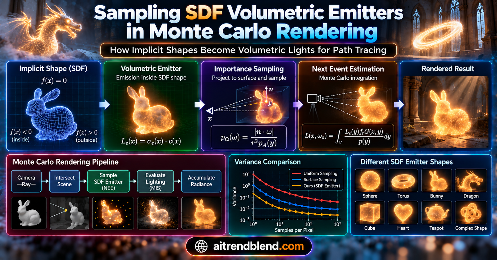 SDF volumetric emitter sampling in Monte Carlo rendering, uniform points inside a torus projected to directions at a shading point, beside a chart comparing estimator variance