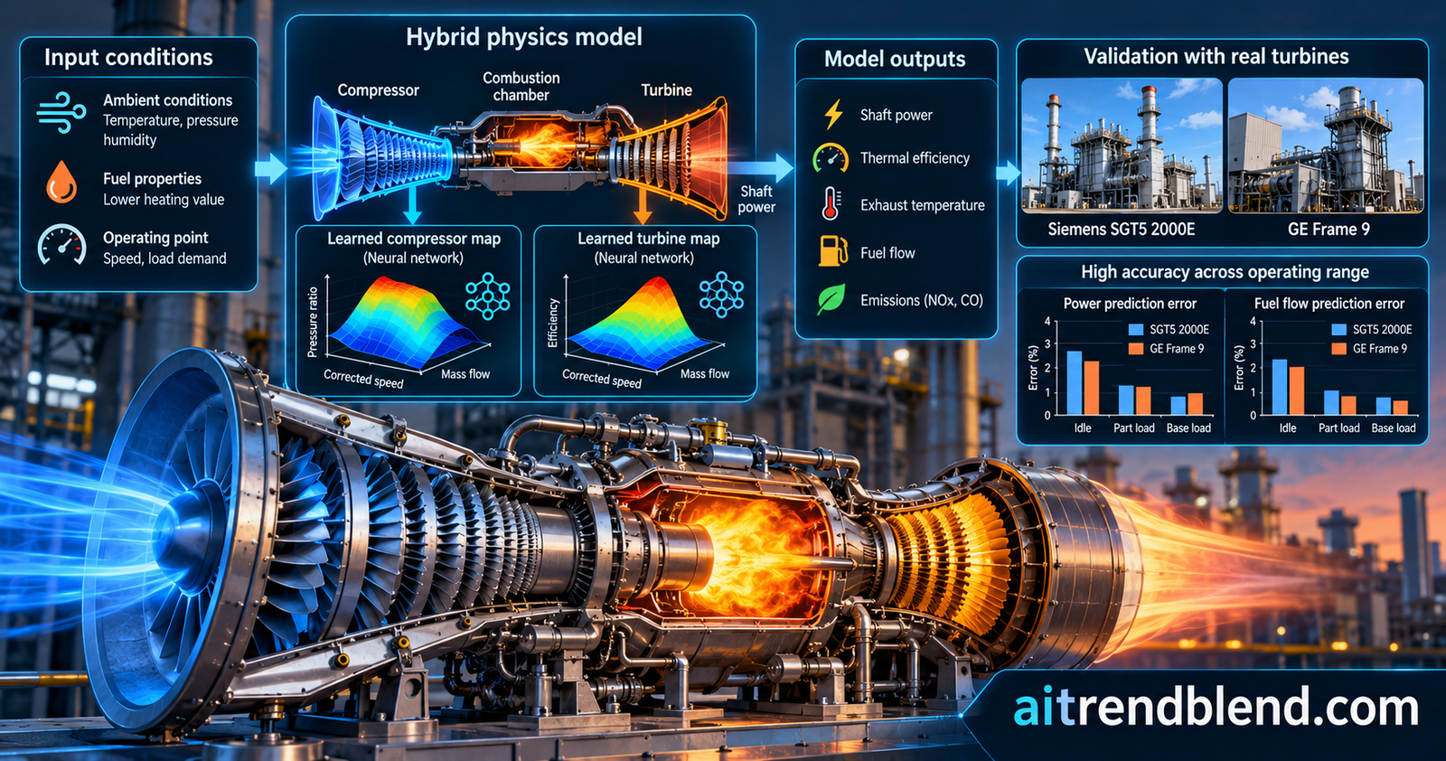Diagram of a gas turbine model with five physics blocks in a row, air intake, compressor, combustor, turbine and exhaust, where only the compressor and turbine each receive two small learned maps for flow and efficiency, all solved together by a Newton Raphson loop